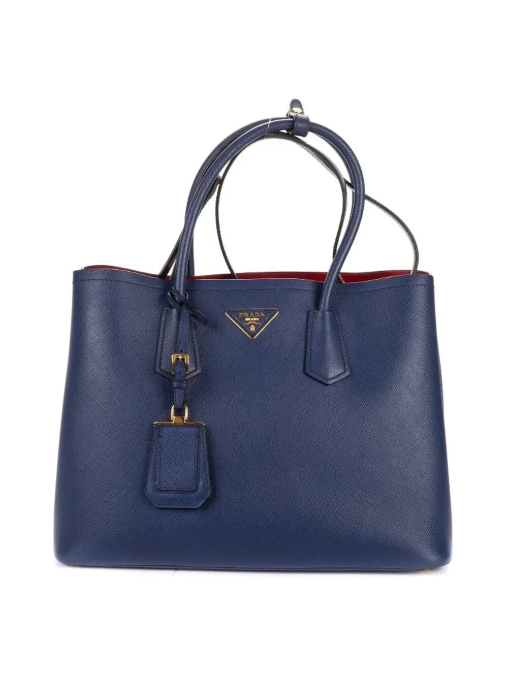 Prada Cuir Double Handle Tote Navy Red Saffiano Leather